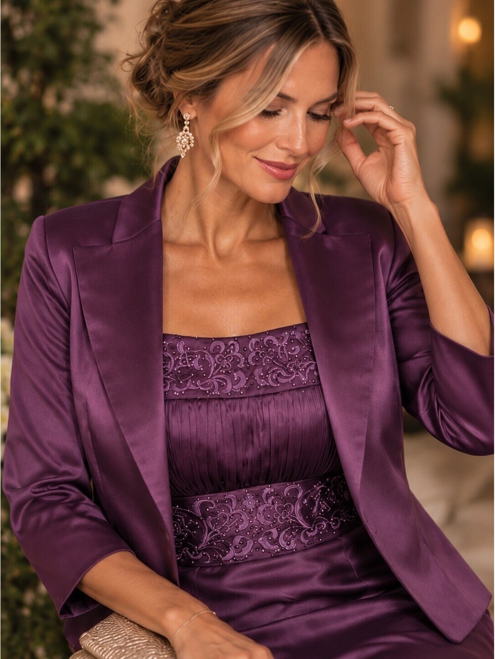 Adrianna Papell Plum Silk Dress Jacket Set Beaded Embroidery 12 Wedding Guest